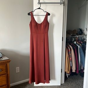 David’s bridal. Size 10. Color: cinnamon. Crepe-back satin scoop neck gown.